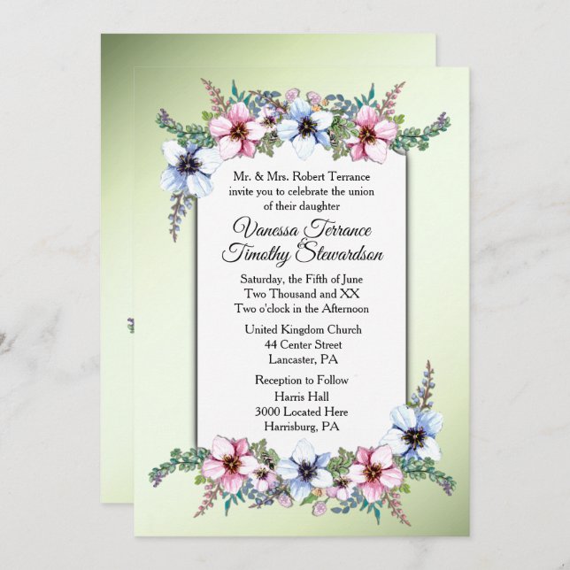 Watercolor Flowers Shine Wedding Invitation (Front/Back)