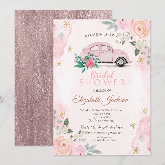 Watercolor Flowers Snowflakes Car Bridal Shower Invitation (Front/Back)