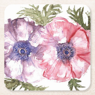 Watercolor flowers square paper coaster