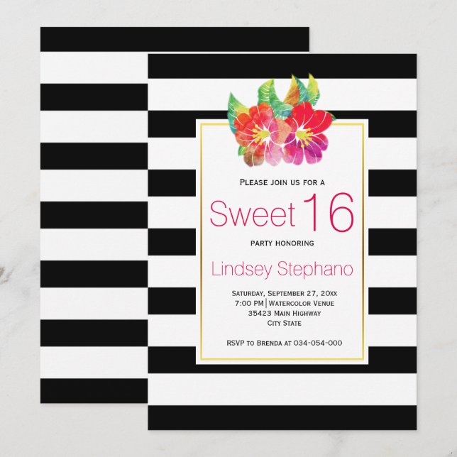 Watercolor flowers, stripes sweet sixteen birthday invitation (Front/Back)