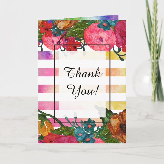 Watercolor Flowers & Stripes | Thank You! Thank You Card (Front)