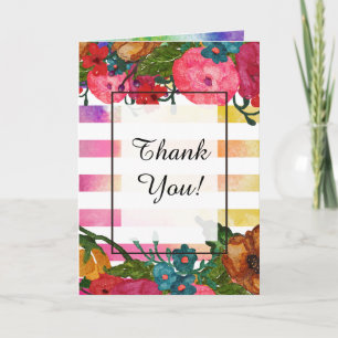 Watercolor Flowers & Stripes   Thank You! You Card
