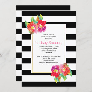 Watercolor flowers, stripes wedding bridal shower invitation