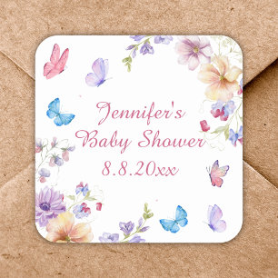 watercolor flowers summer girl baby shower pink  square sticker