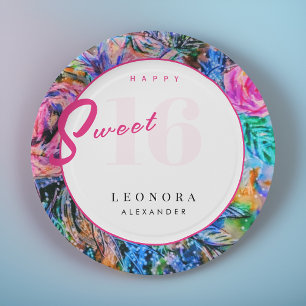 Watercolor Flowers Sweet Sixteen 16 Pink Paper Plate