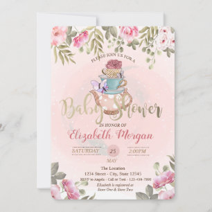 Watercolor Flowers Teapot  Baby Shower  Invitation