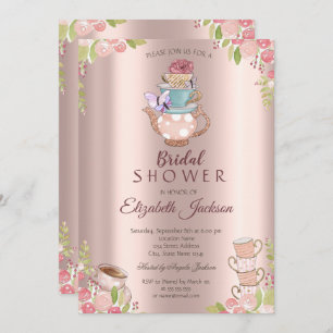 Watercolor Flowers Teapot Rose Gold Bridal Shower  Invitation