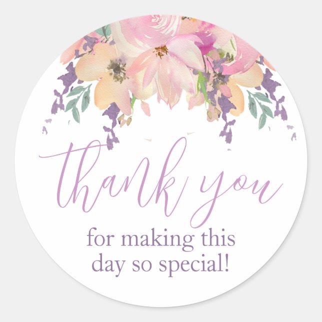 Watercolor Flowers Thank You Birthday Favour Classic Round Sticker (Front)