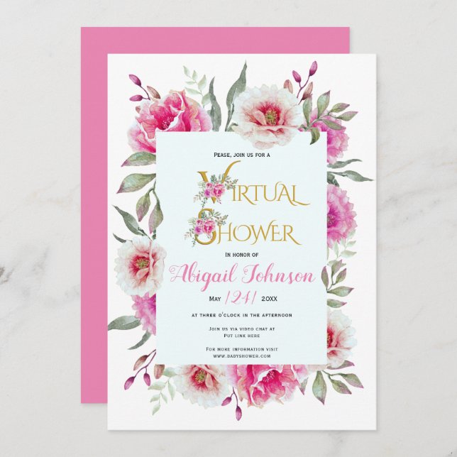 Watercolor flowers virtual baby or bridal shower invitation (Front/Back)