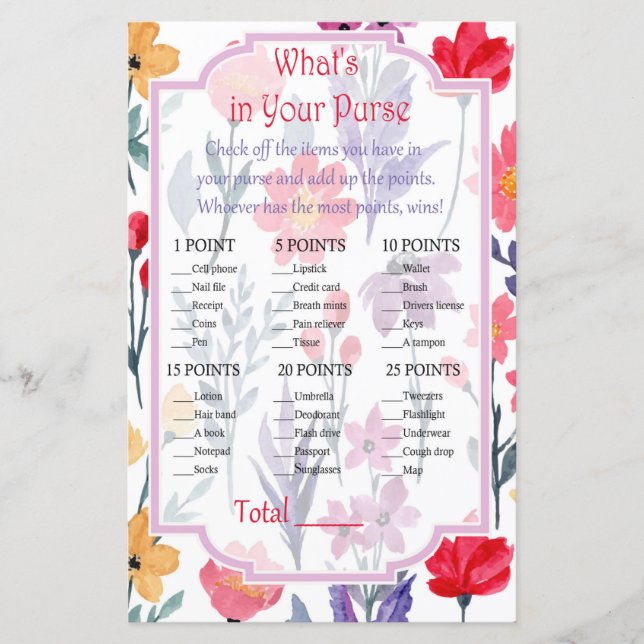 Watercolor flowers What's in your purse game (Front)