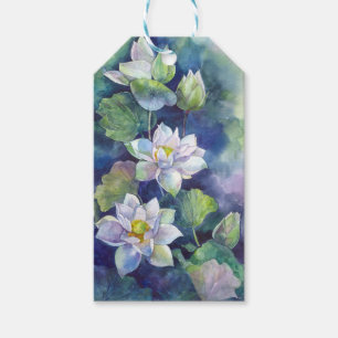 Watercolor flowers white lotos illustration flower gift tags