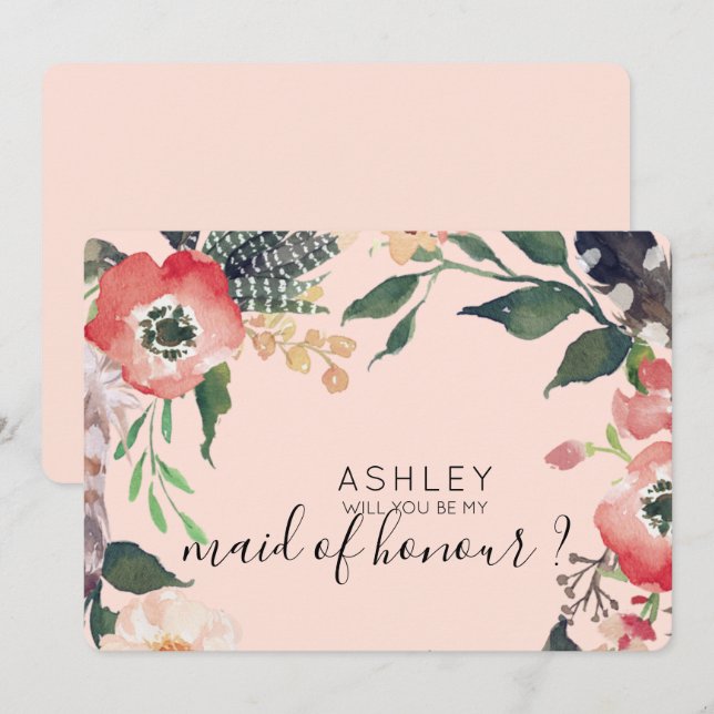 Watercolor Flowers Will You Be My Bridesmaid Name Invitation (Front/Back)