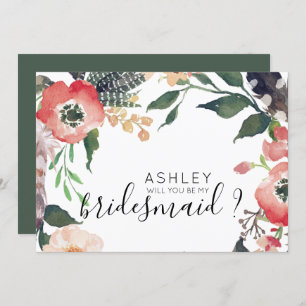 Watercolor Flowers Will You Be My Bridesmaid Name Invitation