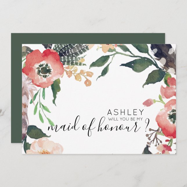 Watercolor Flowers Will You Be My Bridesmaid Name Invitation (Front/Back)