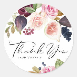 Watercolor Flowers with Fig and Berry Thank You Classic Round Sticker