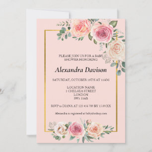 Watercolor Flowers with Frame Pink Baby Shower Invitation