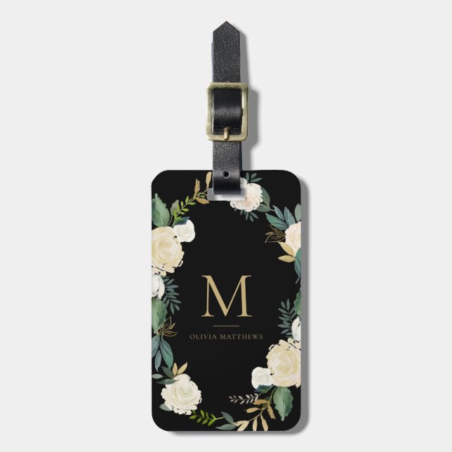 Watercolor Flowers with Gold Foil Monogram Black Luggage Tag (Front Vertical)