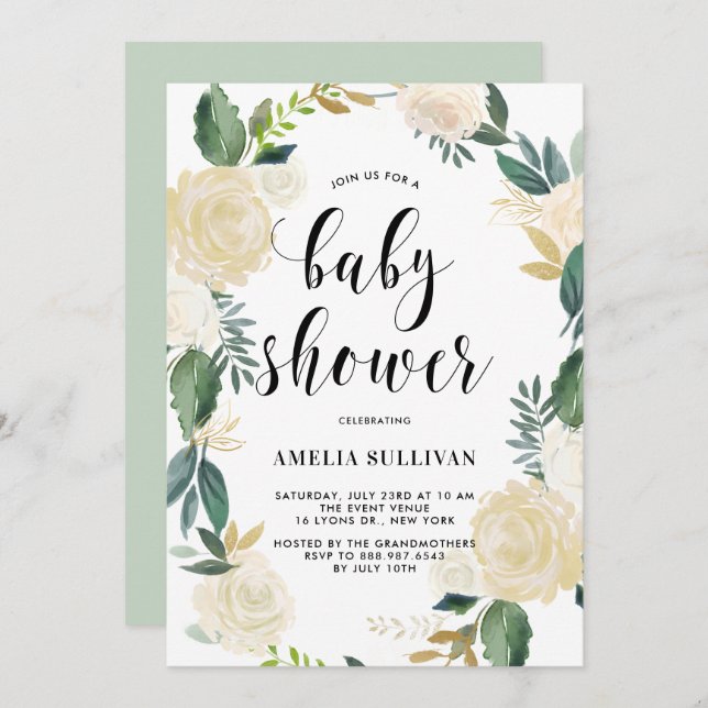 Watercolor Flowers with Gold Glitter Baby Showers Invitation (Front/Back)