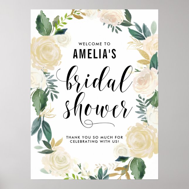 Watercolor Flowers with Gold Glitter Bridal Shower Poster (Front)