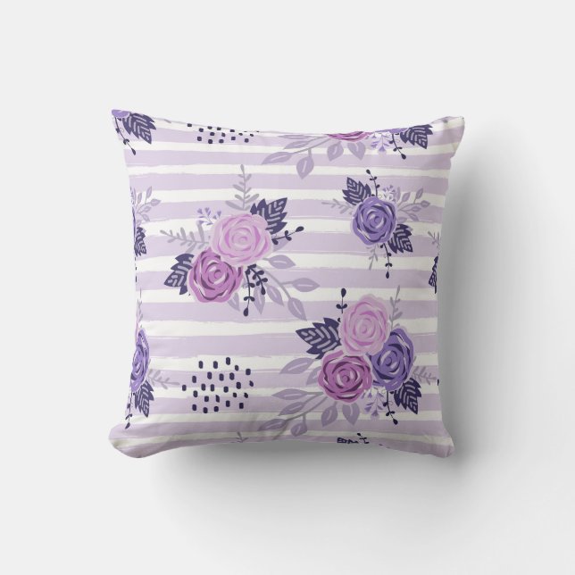 Watercolor flowers with stripes cushion (Front)
