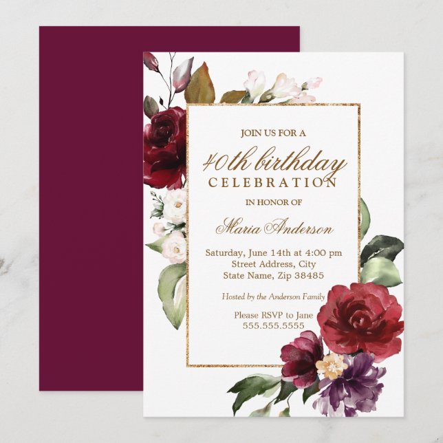 Watercolor Flowers Womans 40th Birthday Party Invitation (Front/Back)