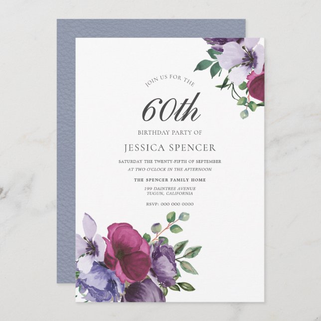 Watercolor Flowers Womans 60th Birthday Invitation (Front/Back)