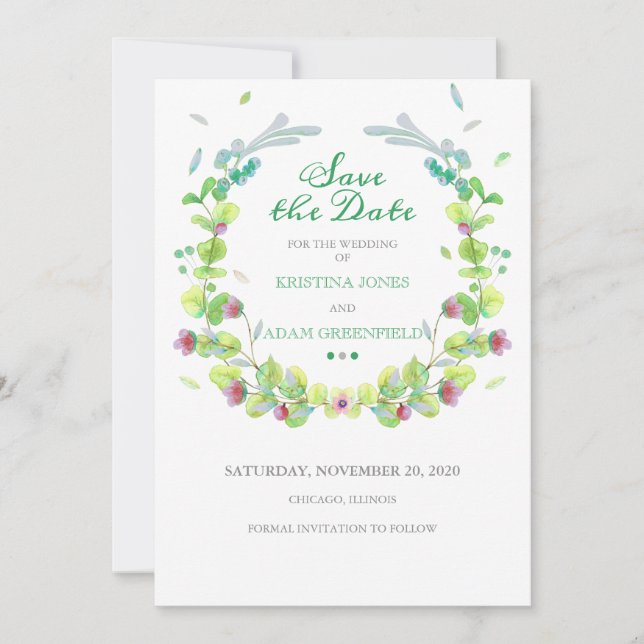Watercolor Flowers Wreath Save the Date Card (Front)
