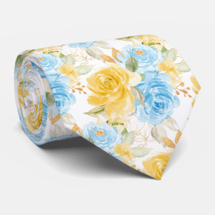 Watercolor Flowers Yellow Blue Roses Tie