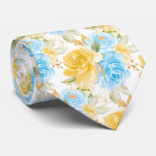 Watercolor Flowers Yellow Blue Roses Tie