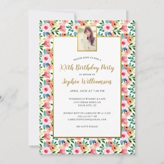 Watercolor Flowers, Your Photo, Birthday Party Invitation (Front)