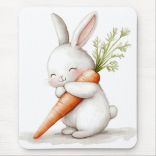Watercolor Fluffy Bunny Carrot Love Mouse Pad