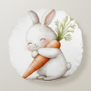 Watercolor Fluffy Bunny Carrot Love Round Cushion
