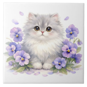 Watercolor Fluffy Kitten with Purple Pansy Flowers Ceramic Tile