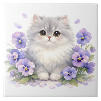 Watercolor Fluffy Kitten with Purple Pansy Flowers Ceramic Tile