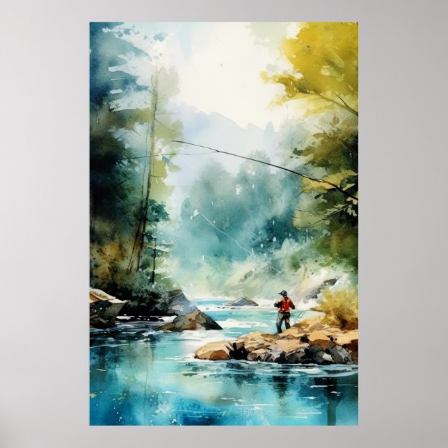 Watercolor Fly Fishing Poster - Fishing Wall Art (Front)
