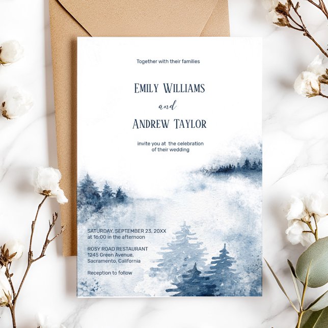 Watercolor foggy forest wedding invitation  (“Elegant navy blue watercolor wedding invite with foggy forest design for rustic or woodland wedding)