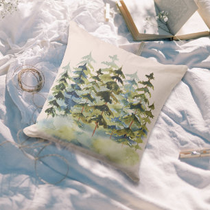 Watercolor Foggy Green Pine Forest Cushion