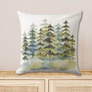 Watercolor Foggy Green Pine Forest Cushion