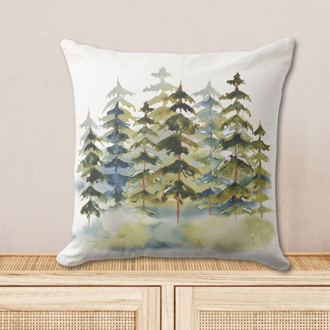Watercolor Foggy Green Pine Forest Cushion (In situ)
