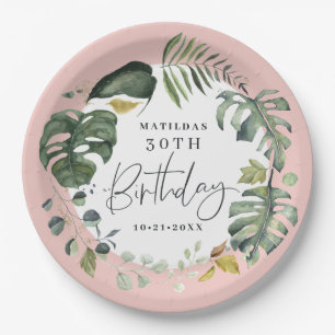 Watercolor foliage 30th birthday party favour paper plate