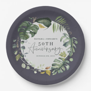 Watercolor foliage 50th wedding anniversary party paper plate