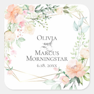 Watercolor Foliage and Coral and Ivory Flowers Square Sticker