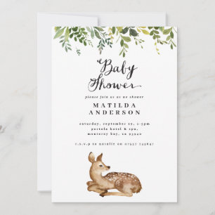 Watercolor foliage and deer woodland baby shower announcement