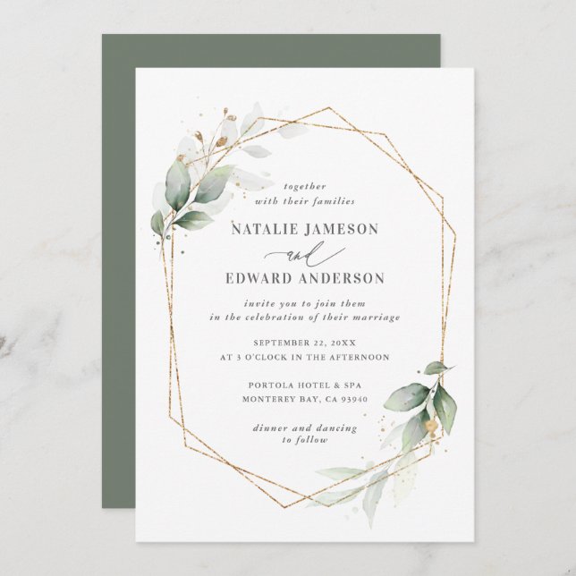 Watercolor foliage and gold geometric wedding (Front/Back)