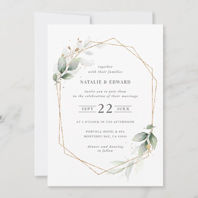 Watercolor foliage and gold geometric wedding (Front)