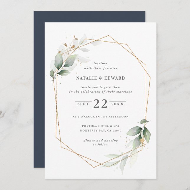 Watercolor foliage and gold geometric wedding (Front/Back)