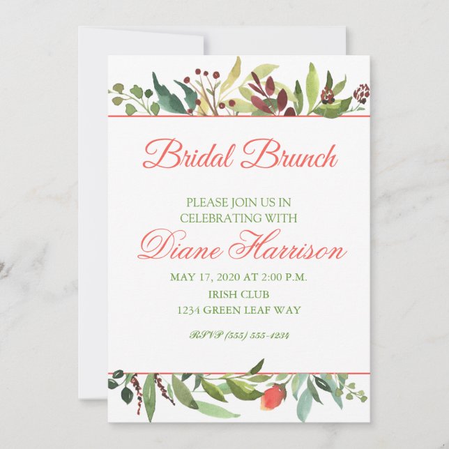 Watercolor Foliage and Rose Border Invitation (Front)