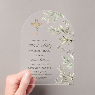 Watercolor Foliage Arch First Communion Acrylic Invitations