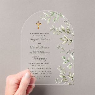 Watercolor Foliage Arch Religious Wedding Acrylic Invitations