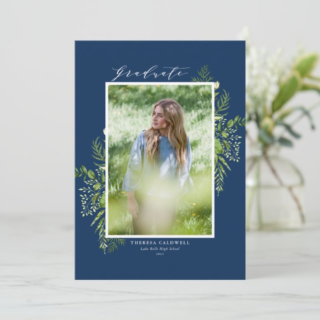 Watercolor Foliage Blue Photo Graduation Announcement (Standing Front)